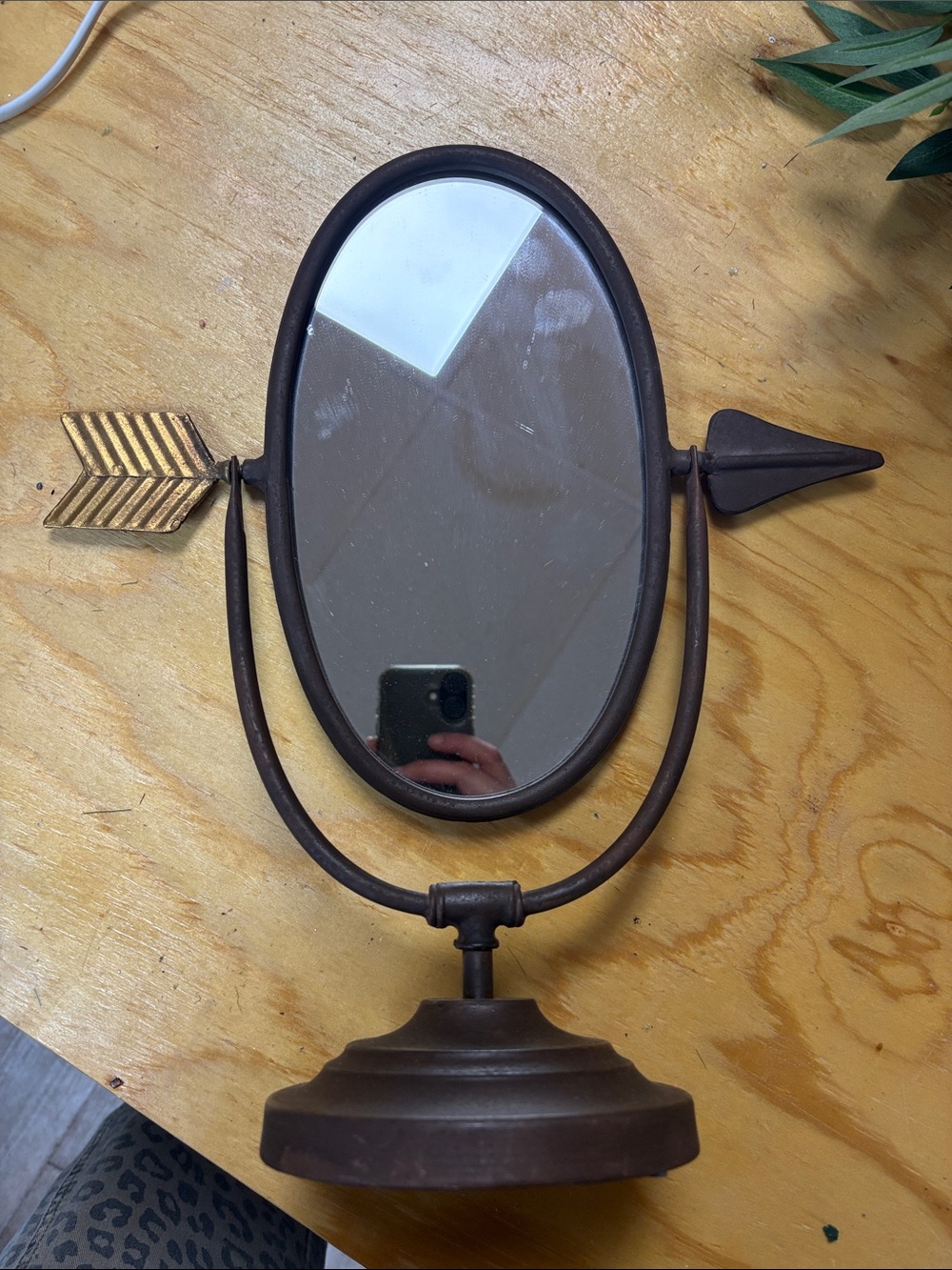 Oval Arrow Accent Tabletop Vanity Mirror in Brown